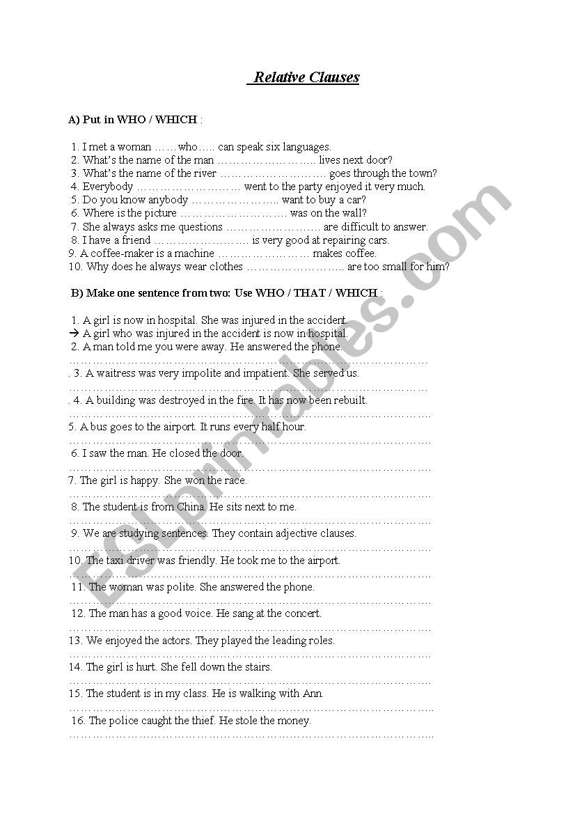 Relative Clauses worksheet