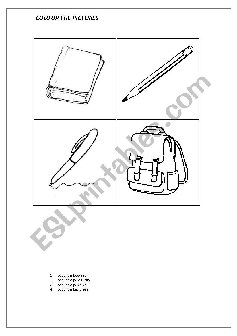 colour school objects, easy worksheet