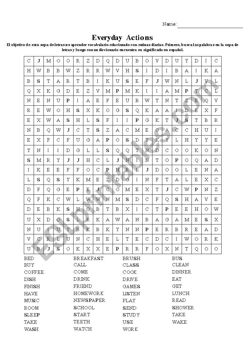 Everyday actions wordsearch worksheet