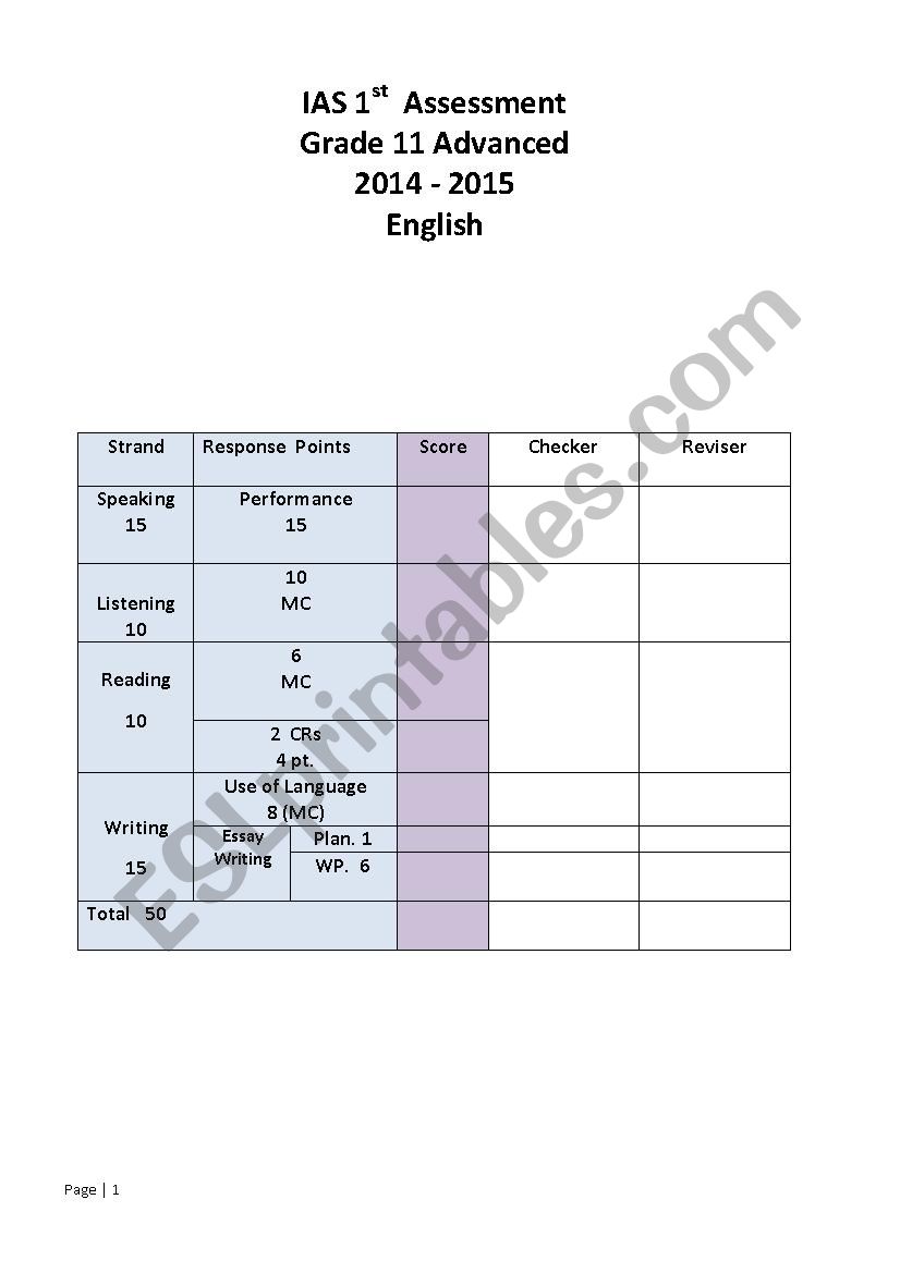Gr.11Advanced exam worksheet