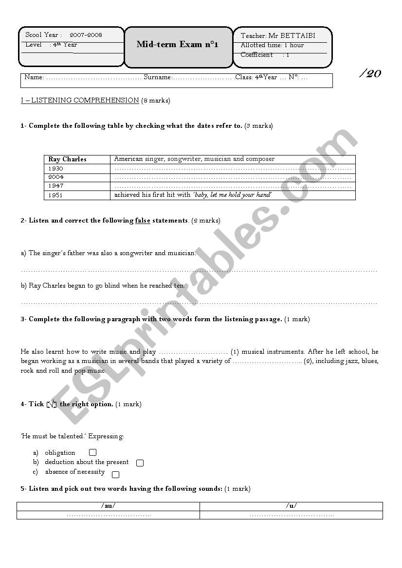 Mid-term Exam n1Level 4th Year 2007