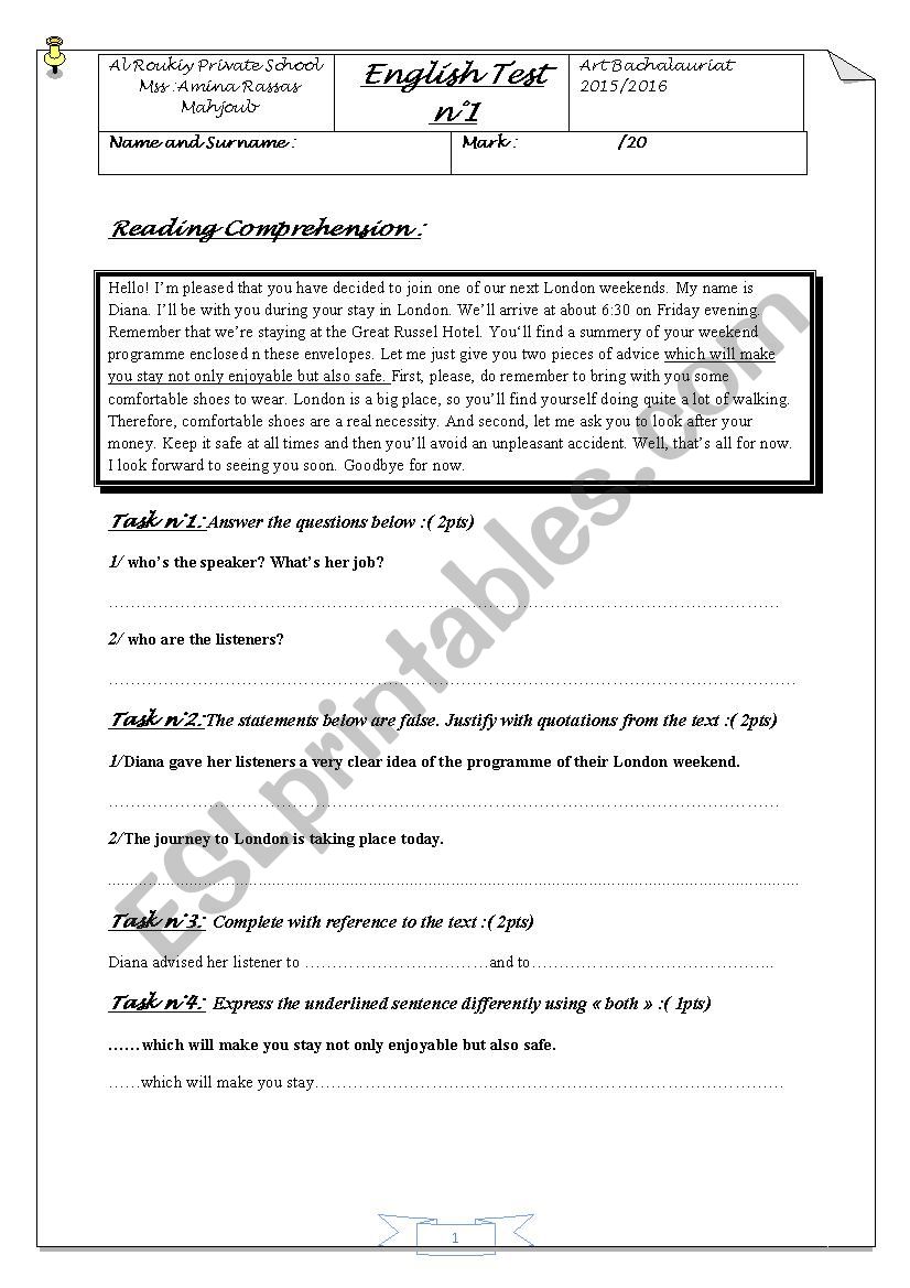 1st mid term test for bac worksheet