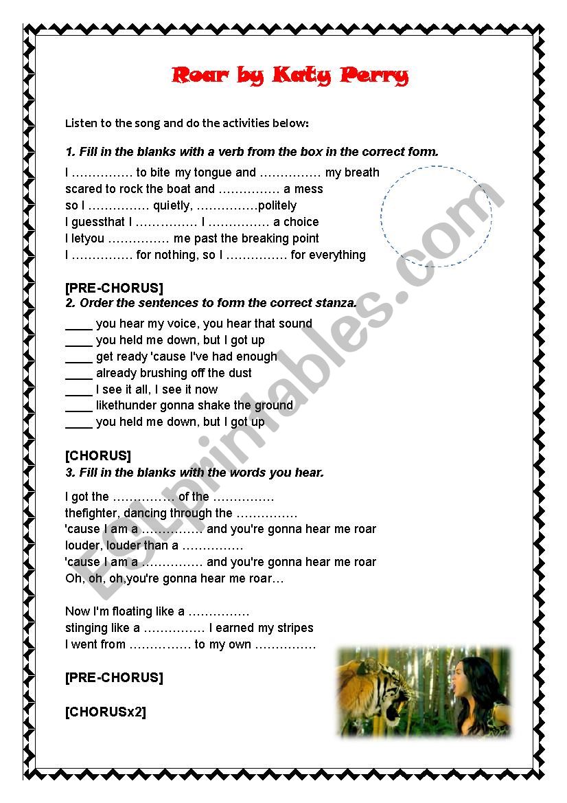 Roar by Katy Perry - Son…: English ESL worksheets pdf & doc