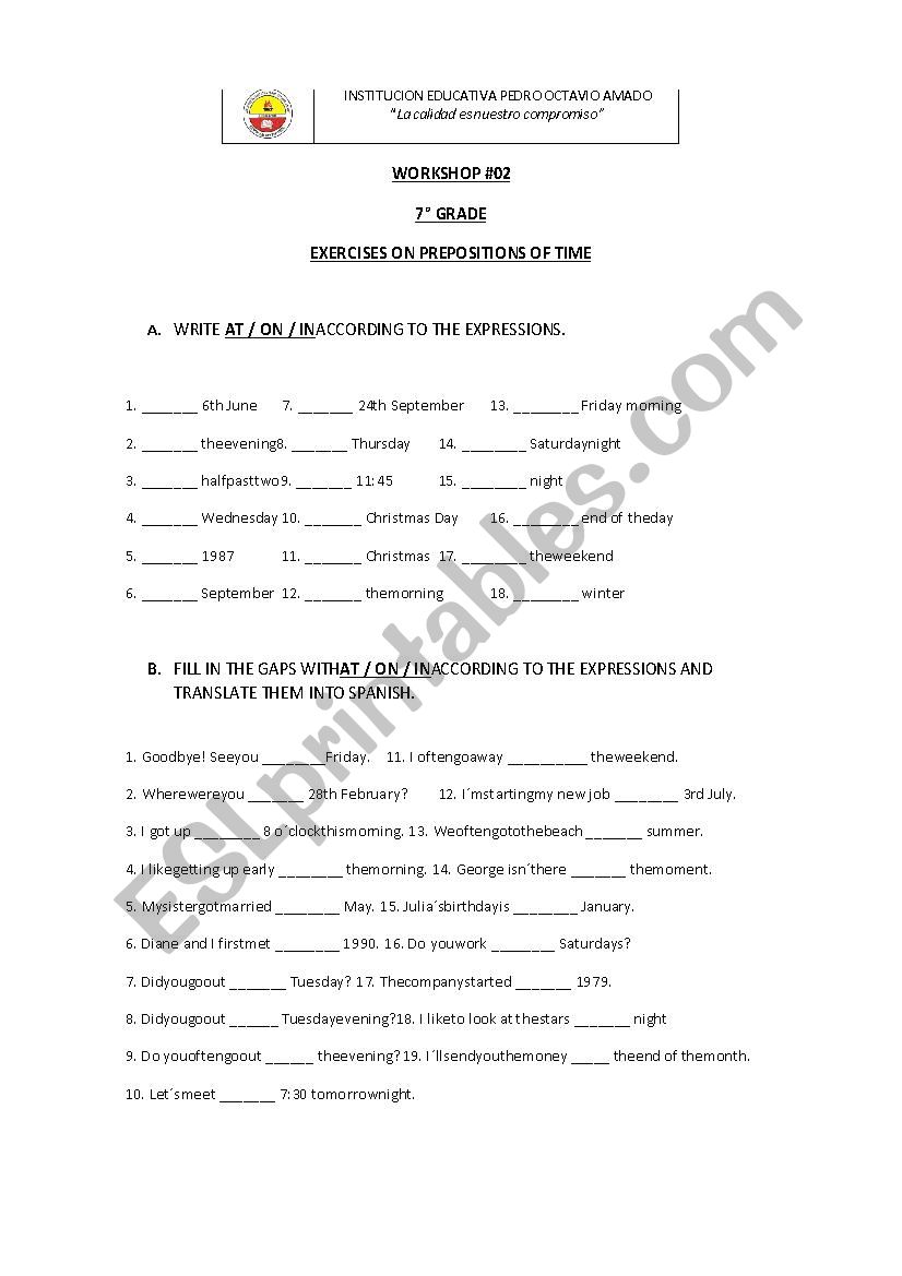 Prepositions of Time exercise worksheet