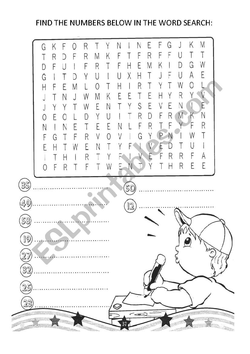 Numbers word search worksheet