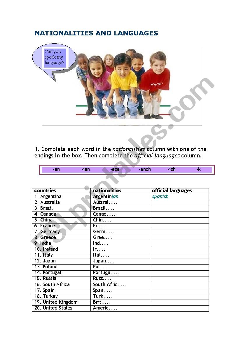 NATIONALITIES AND LANGUAGES worksheet