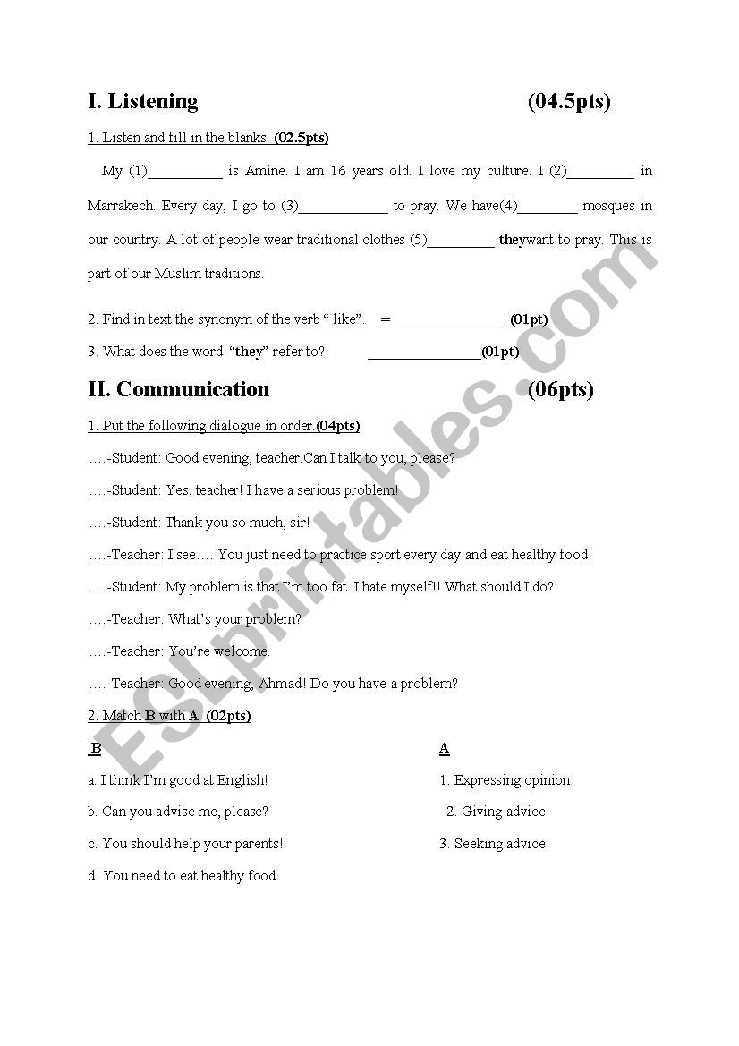 test for elementary students worksheet