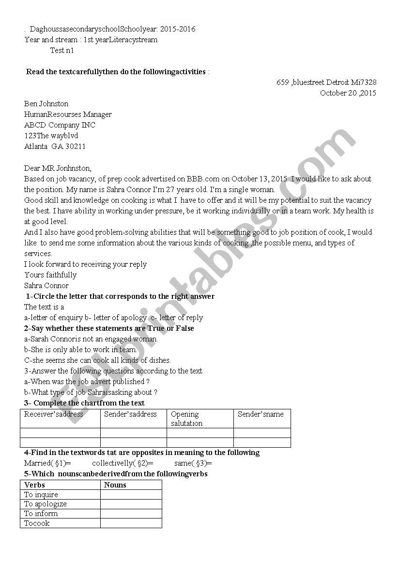 application letter worksheet