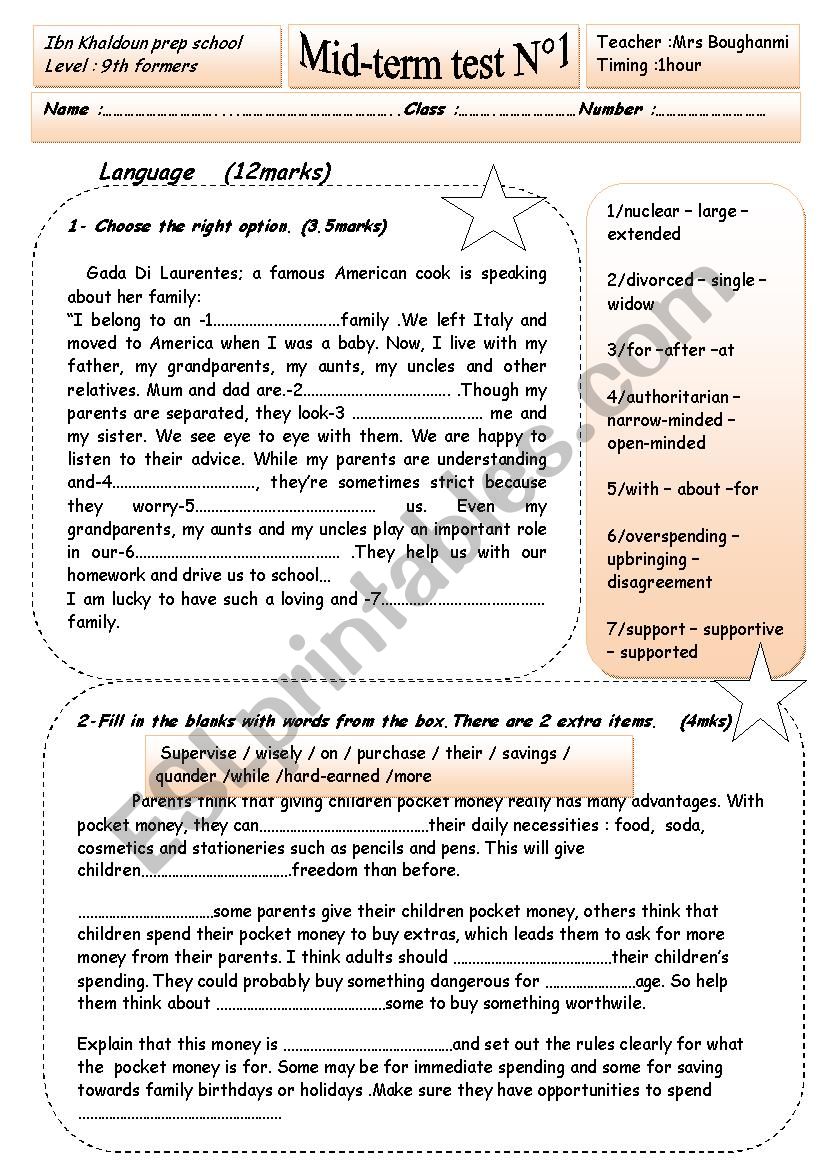 mid-term test1   9thformers worksheet