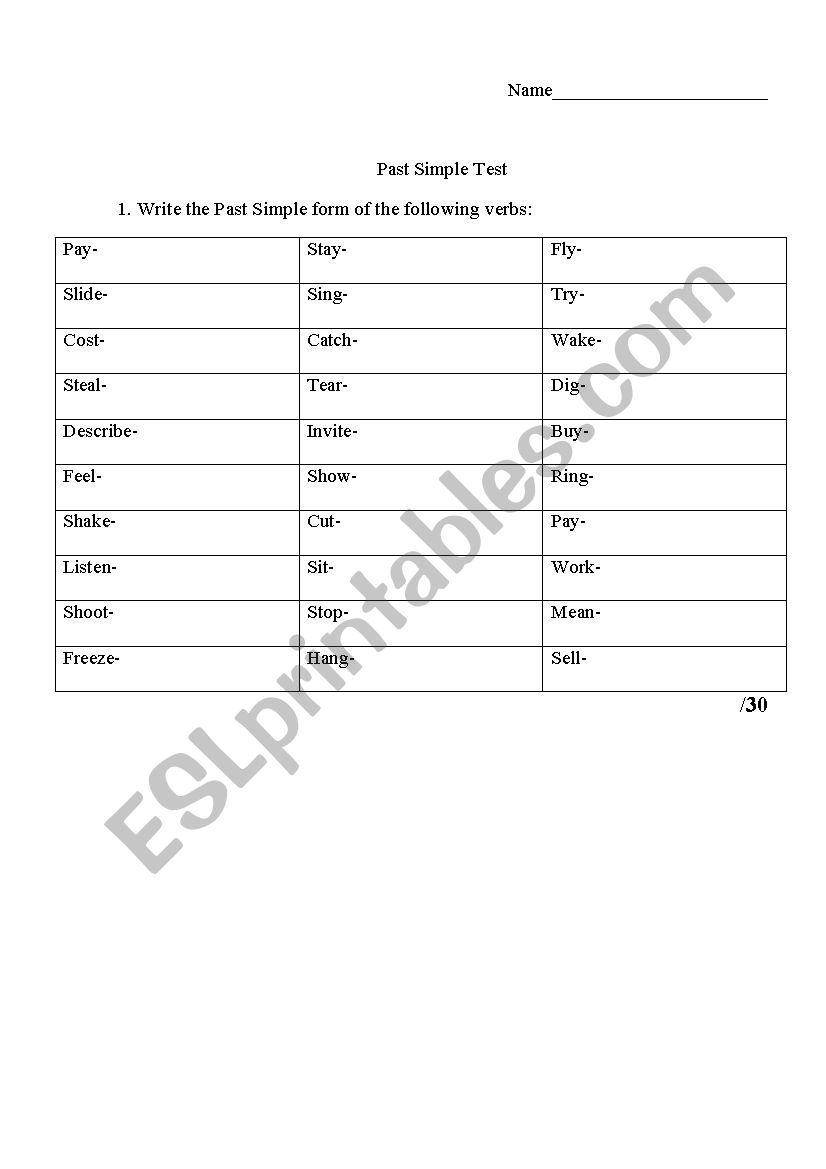 Past Simple test worksheet