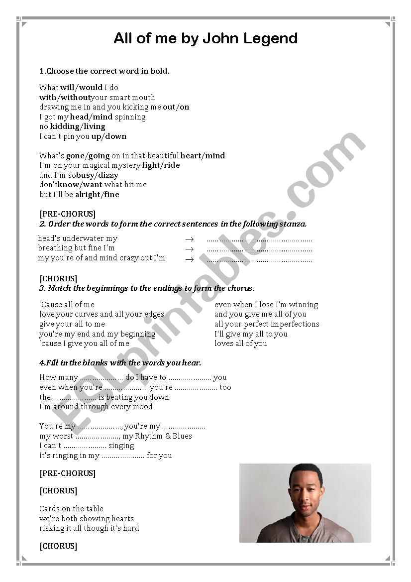 All of me by John Legend worksheet