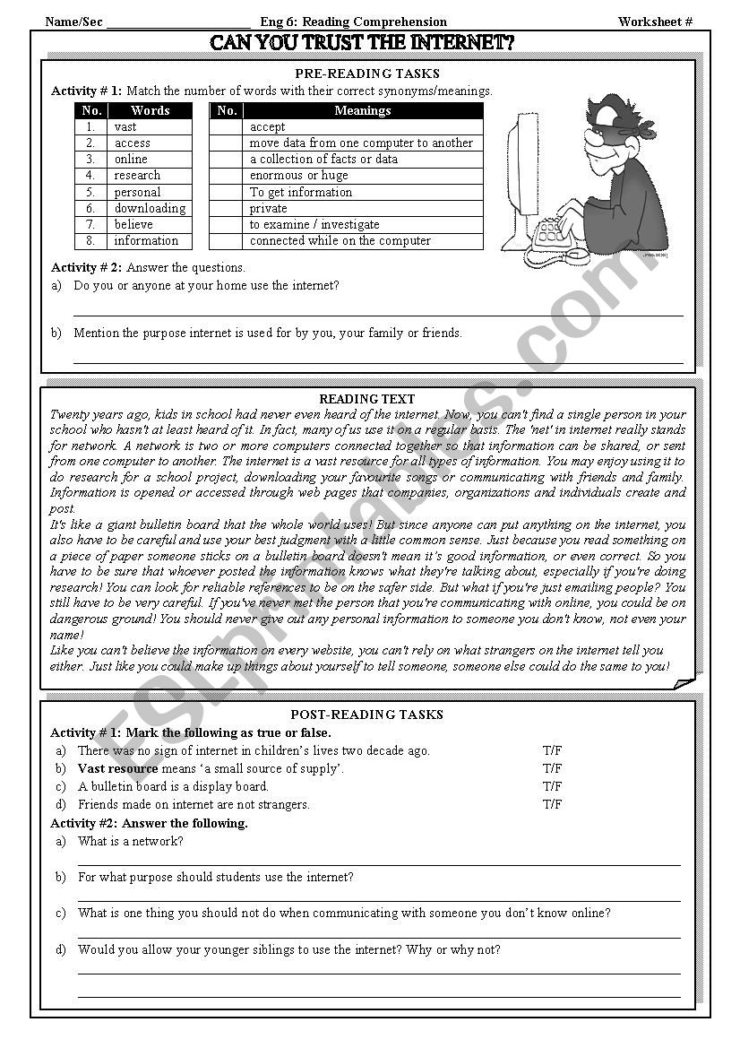 reading comprehension worksheet