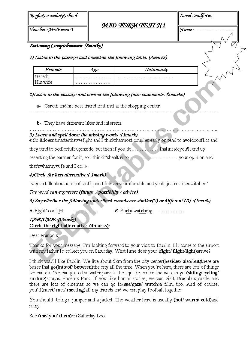 mid -term test n1 for second form (tunisian students)