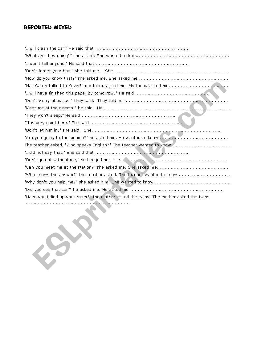 Reported Speech worksheet