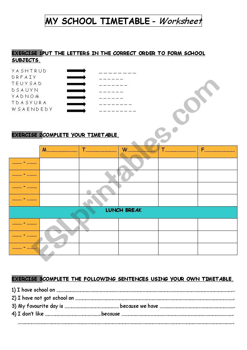 My school timetable worksheet