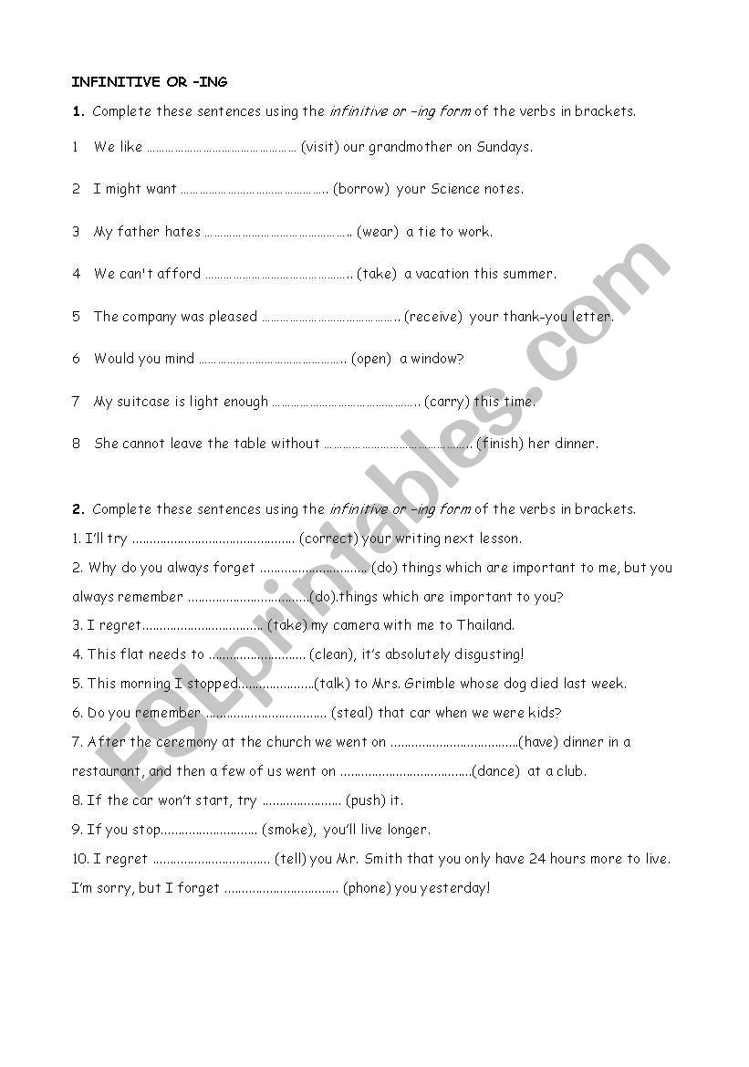 INFINITIVE OR -ING worksheet