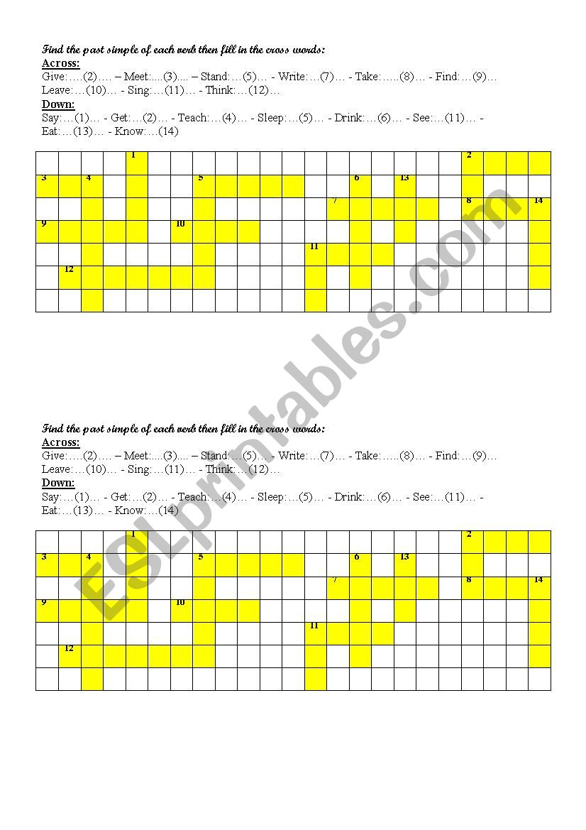 crossword puzzle of irregular verbs