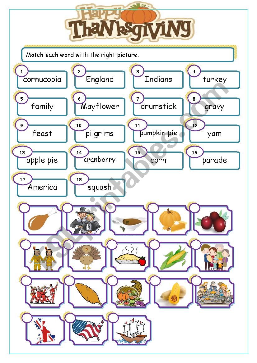 Thanksgiving match worksheet