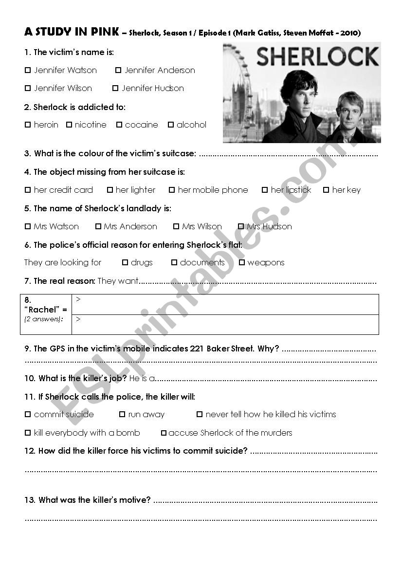 Sherlock TV series Worksheet A study in pink