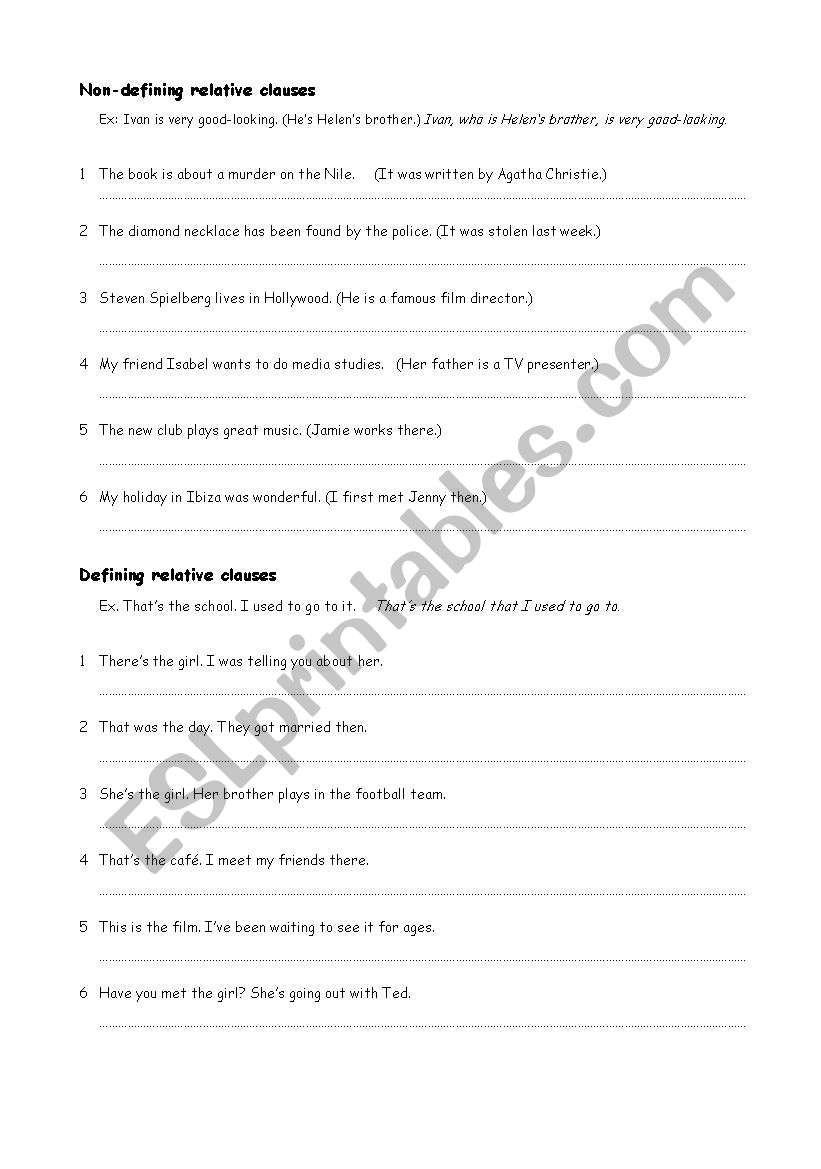 Defining and non-defining worksheet