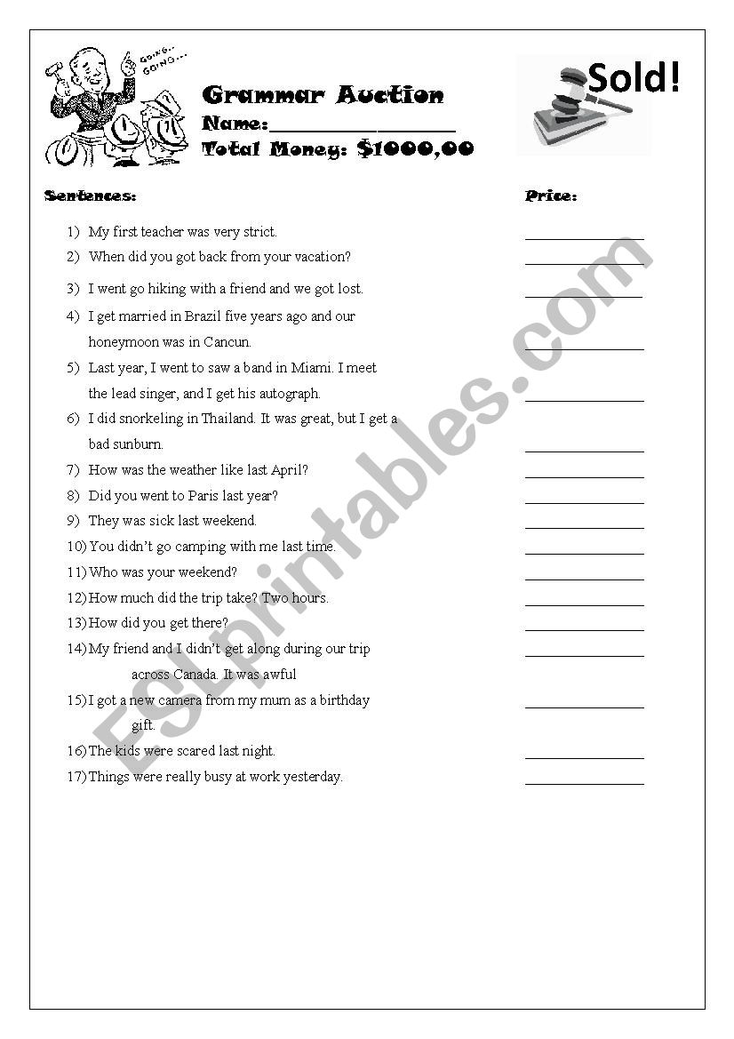 GRAMMAR AUCTION worksheet