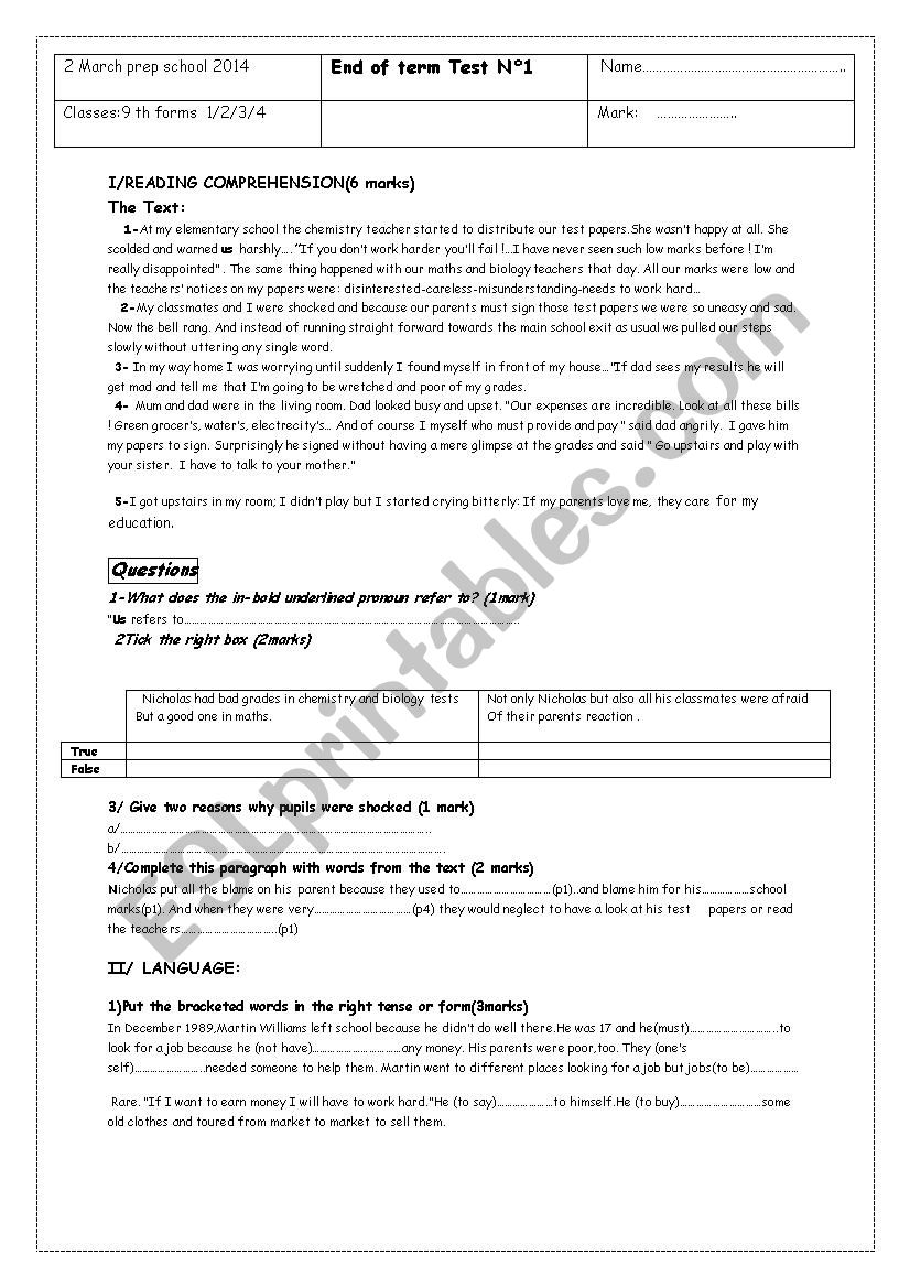 9th end-of-term test n 1 worksheet