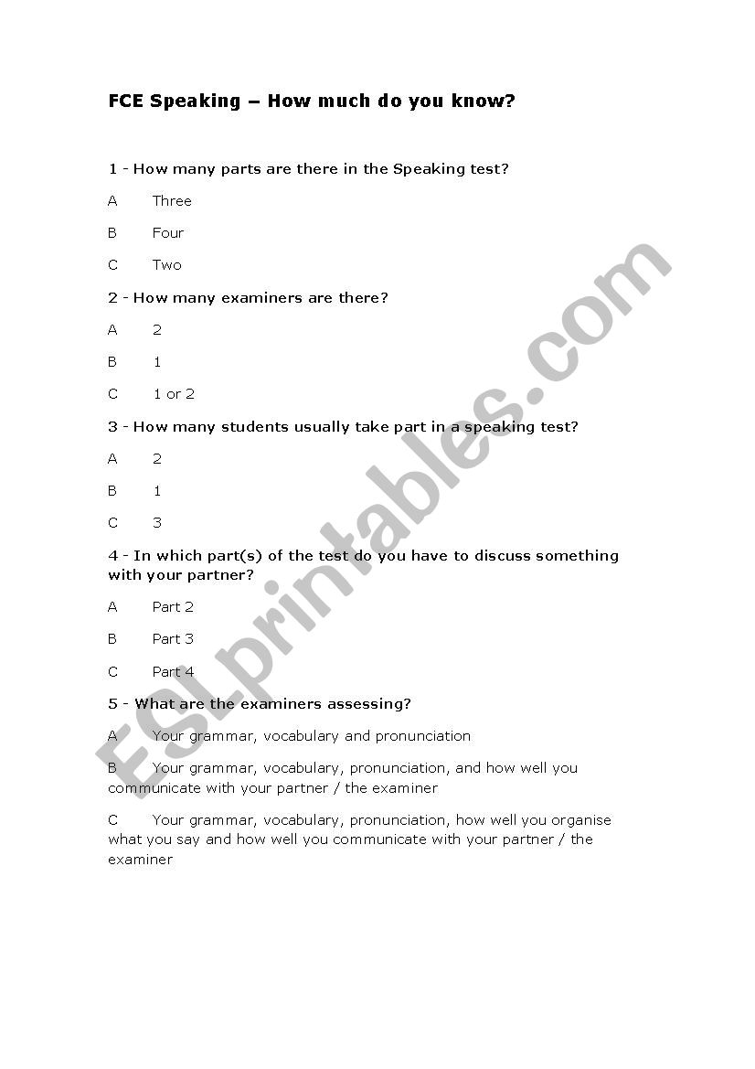 FCE Speaking Quiz worksheet