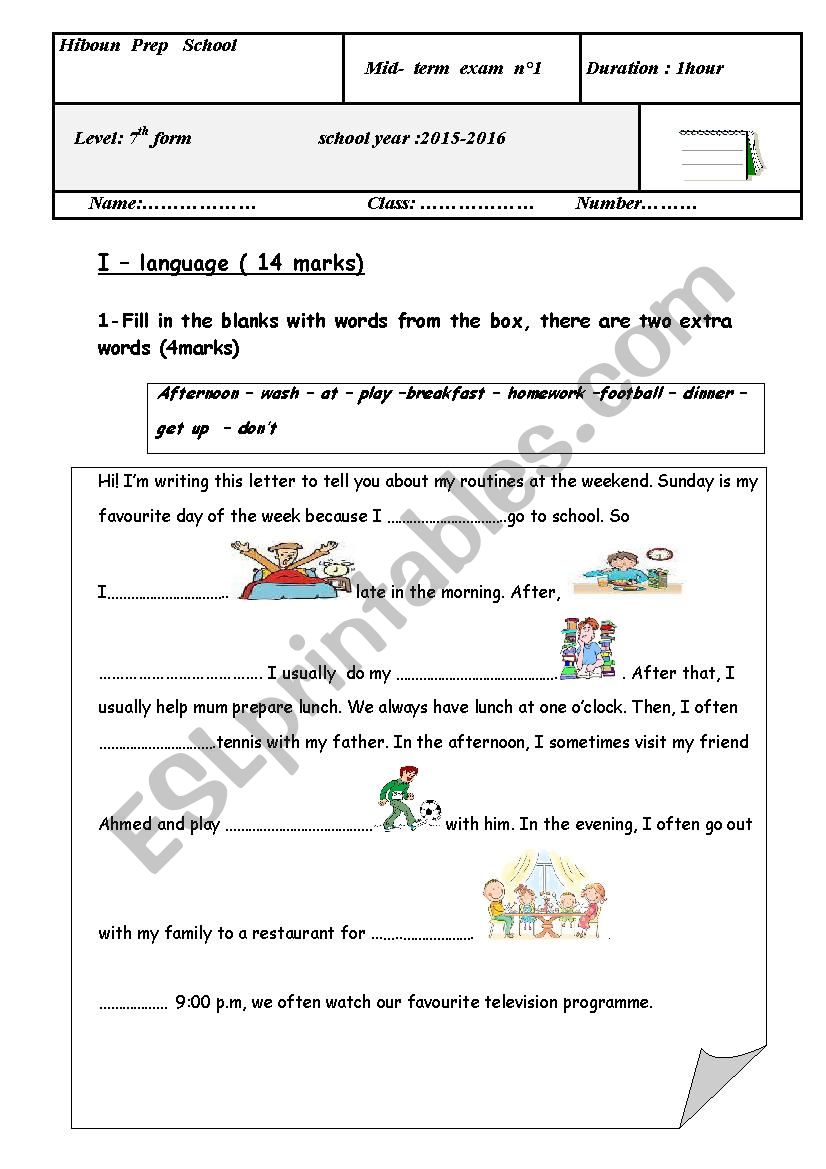 mid term 7th form test 2015 worksheet
