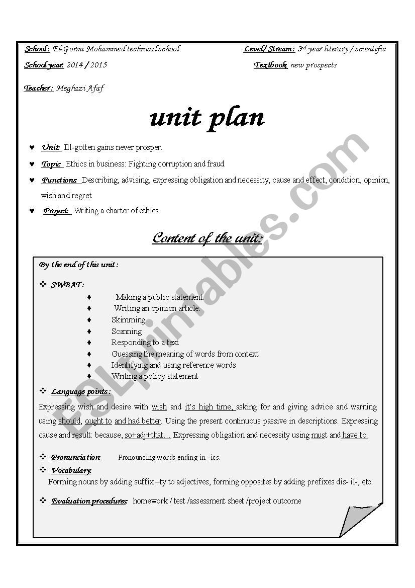 ethics in business unit plan worksheet