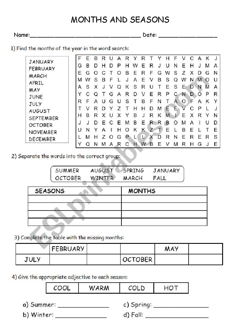 Months and Seasons worksheet