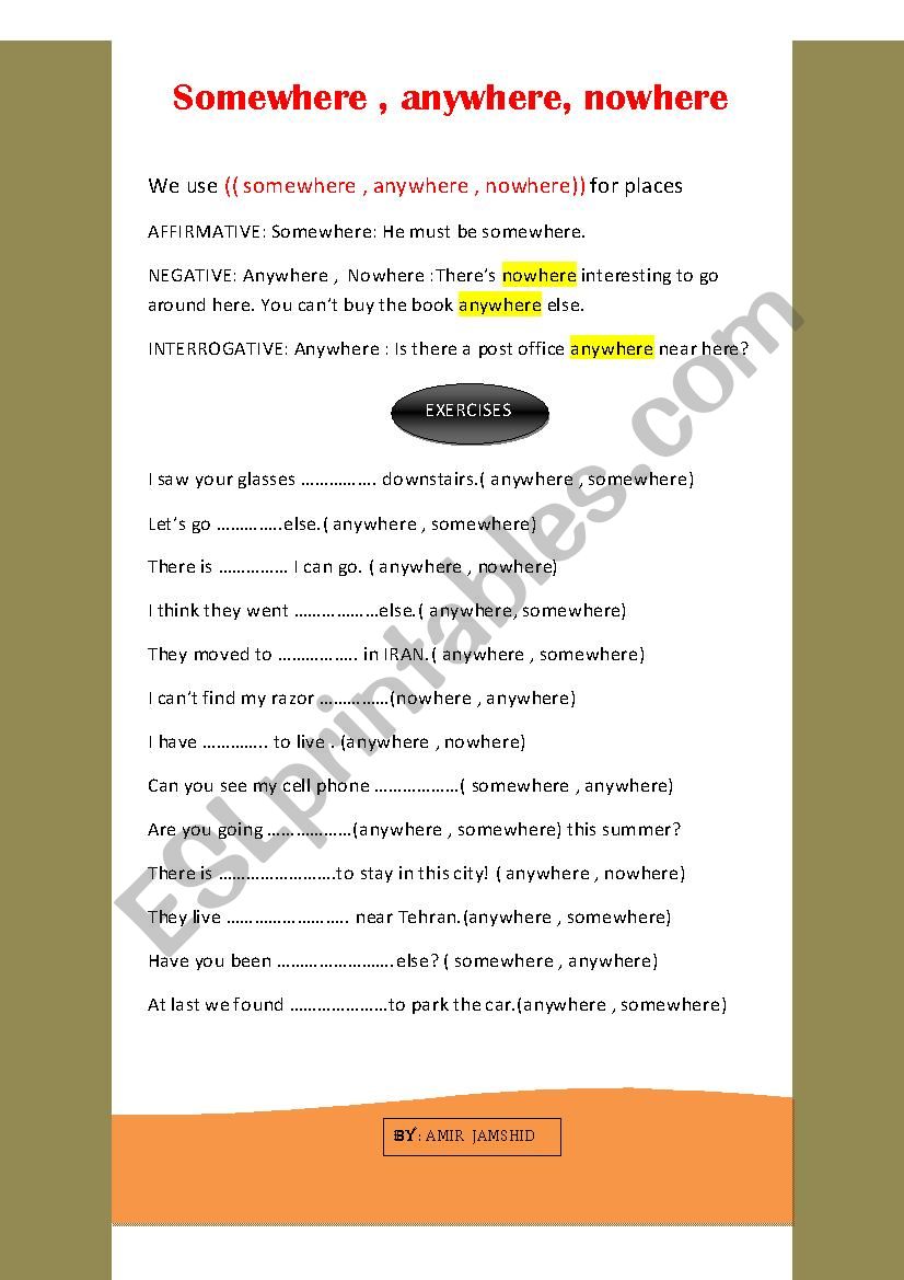 Somewhere,anywhere,nowhere worksheet