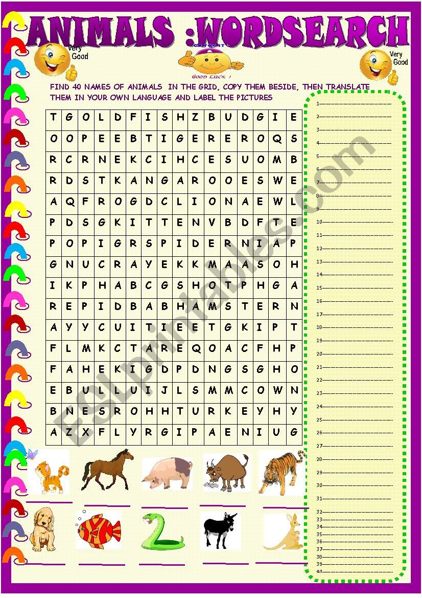 Animals ; wordsearch with key worksheet