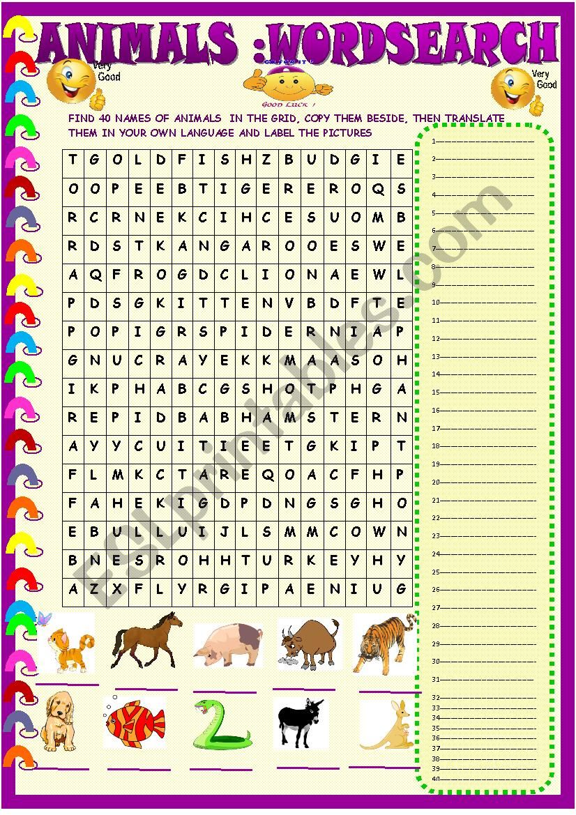 Animals ; wordsearch with key worksheet