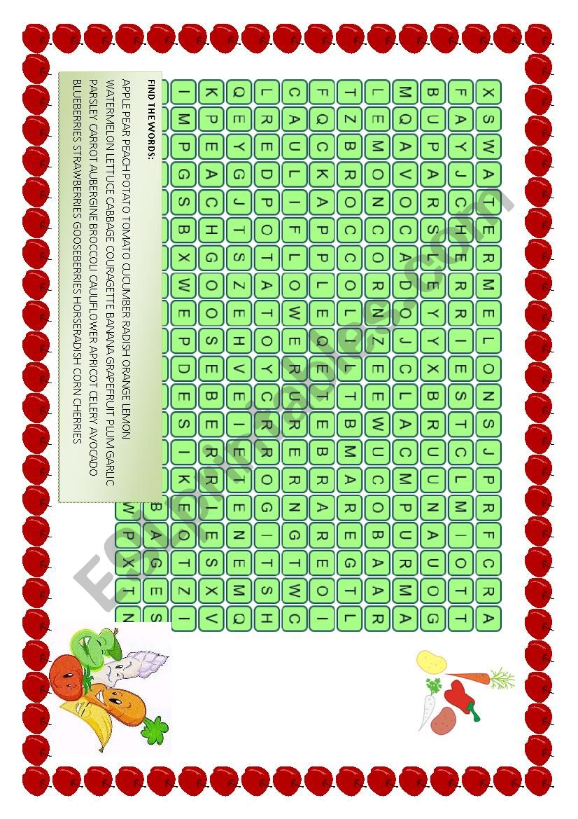 FRUIT AND VEGETABLE WORDSEARCH 