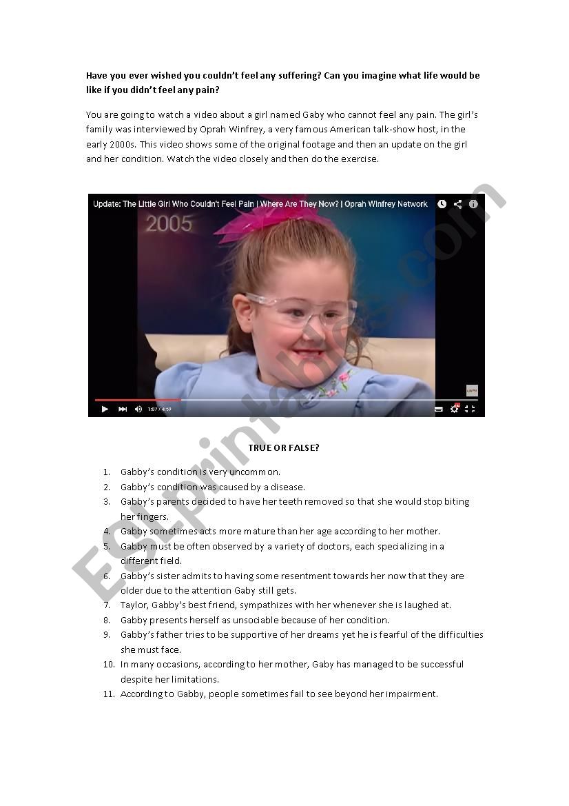 The girl who couldnÂ´t feel pain (youtube video + exercise)