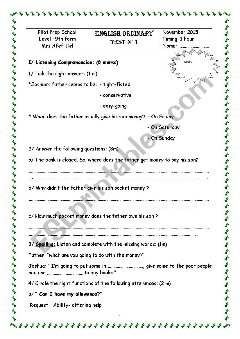 Mid term test NÂ°1 worksheet