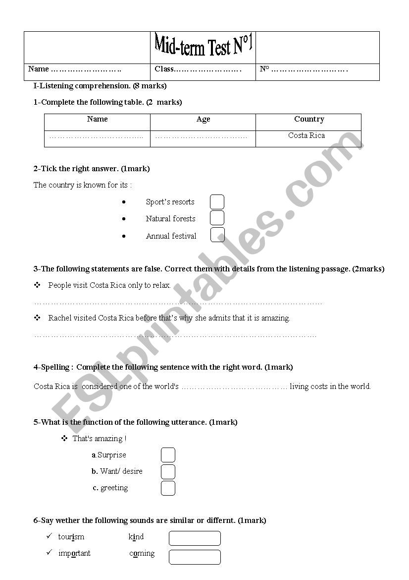 MID TERM TEST N 1 LISTENING COMPREHENSION