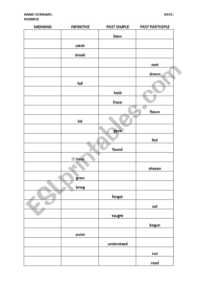 Irregular Verbs worksheet