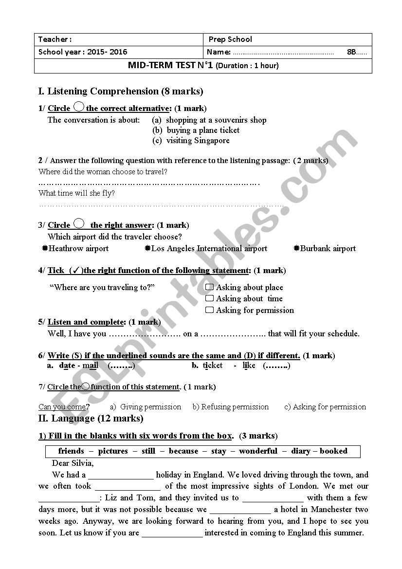 mid term test n 1 worksheet