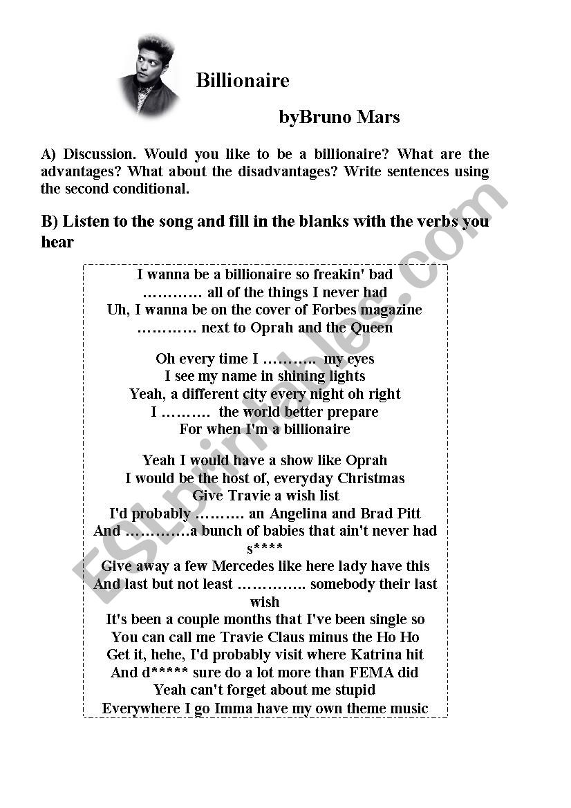 billionaire- Bruno Mars worksheet