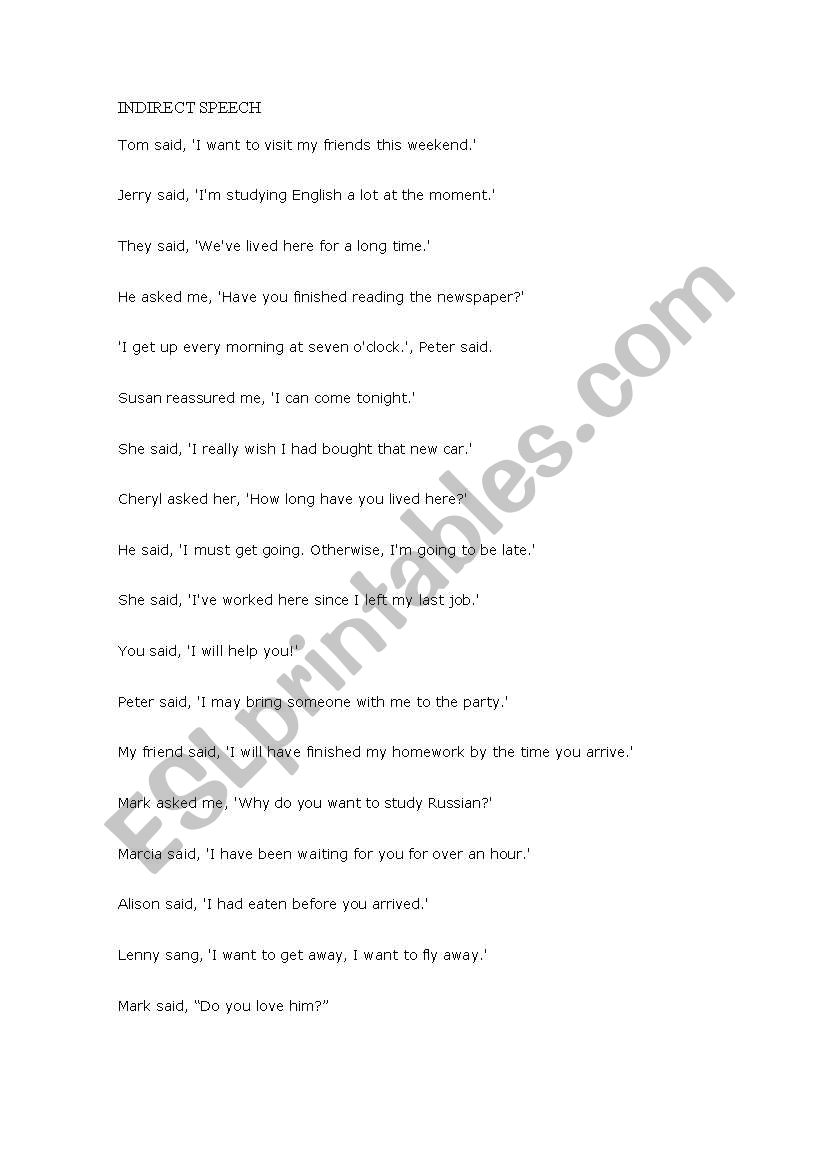 INDIRECT SPEECH worksheet