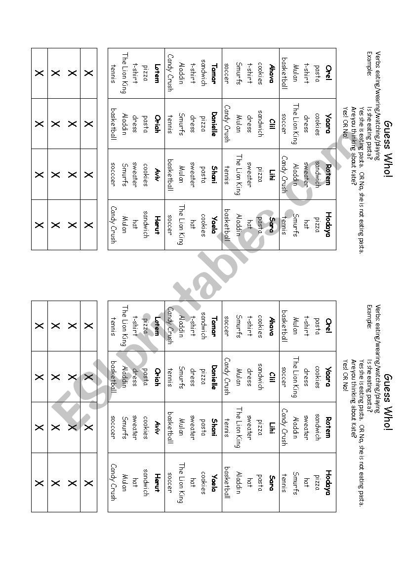 Present Progressive Guess Who worksheet