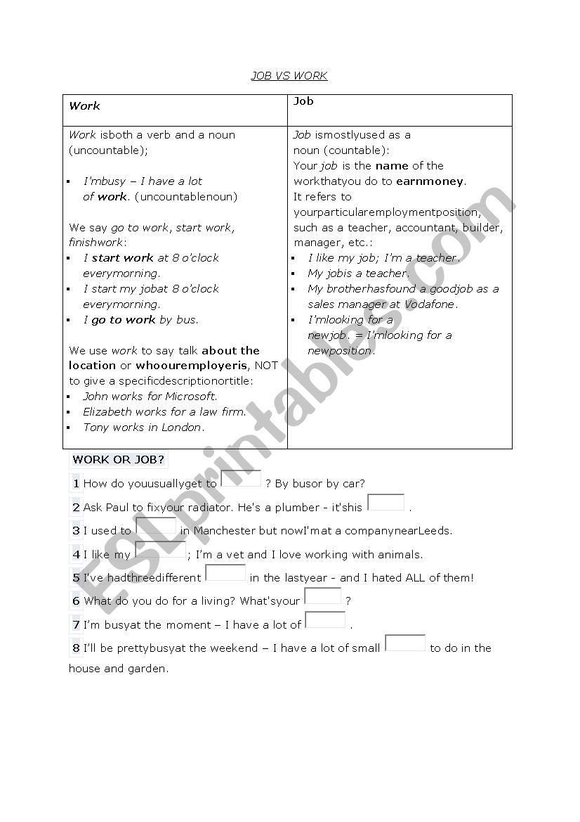 job vs work worksheet