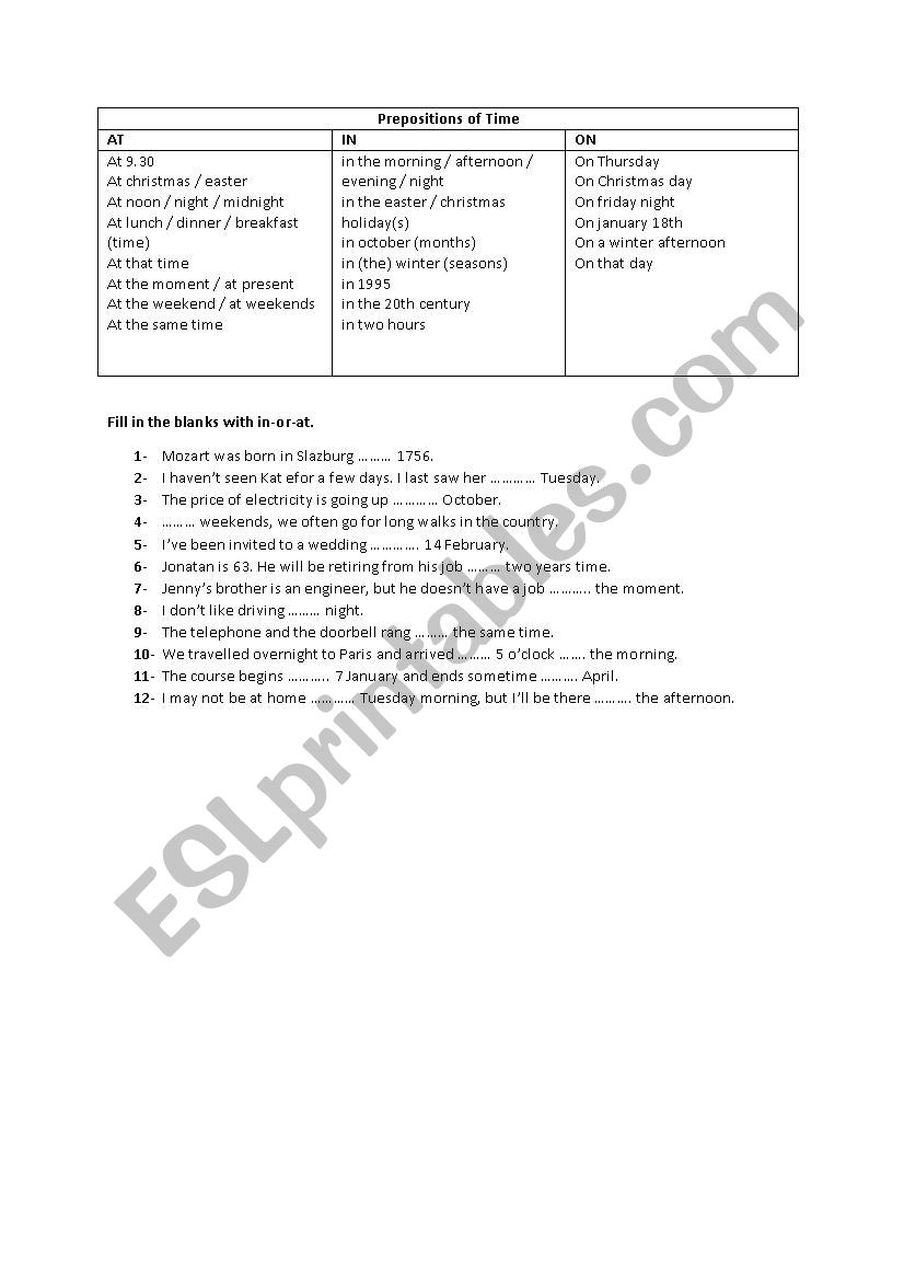 prepositions of time worksheet