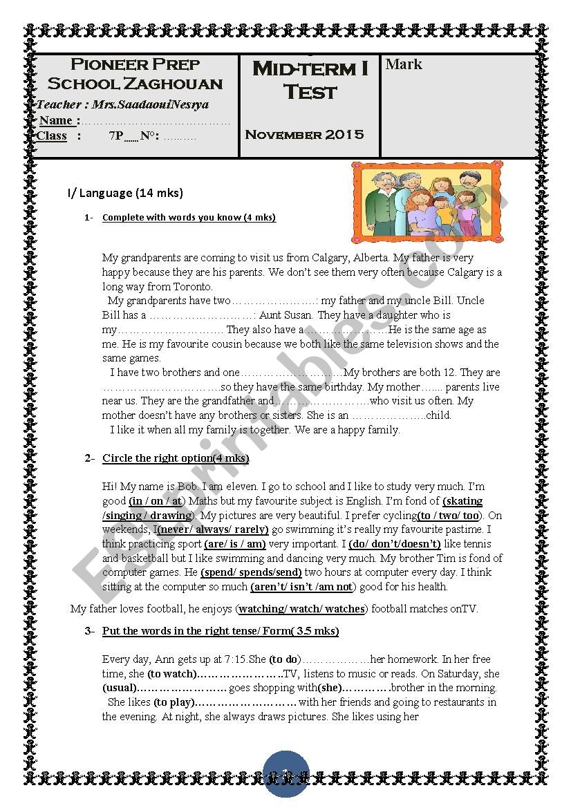 mid term1 test 7tH forms worksheet