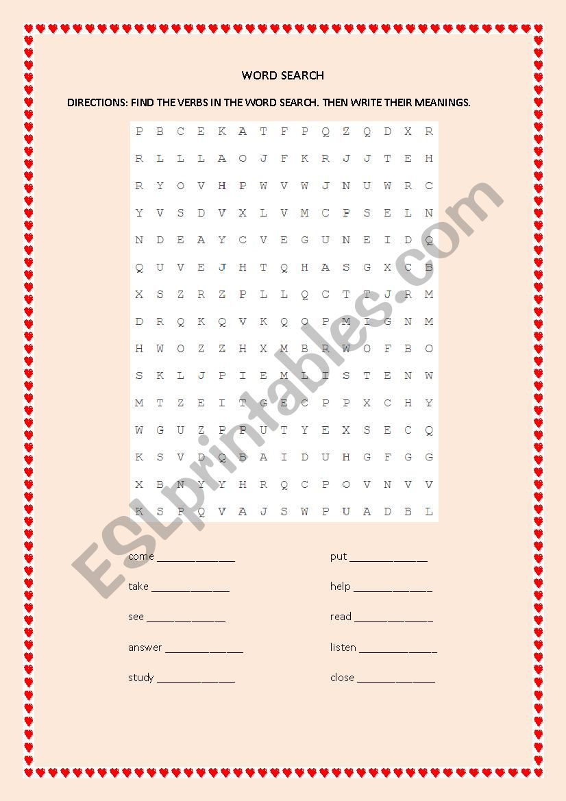 WORD SEARCH FOR VERBS worksheet