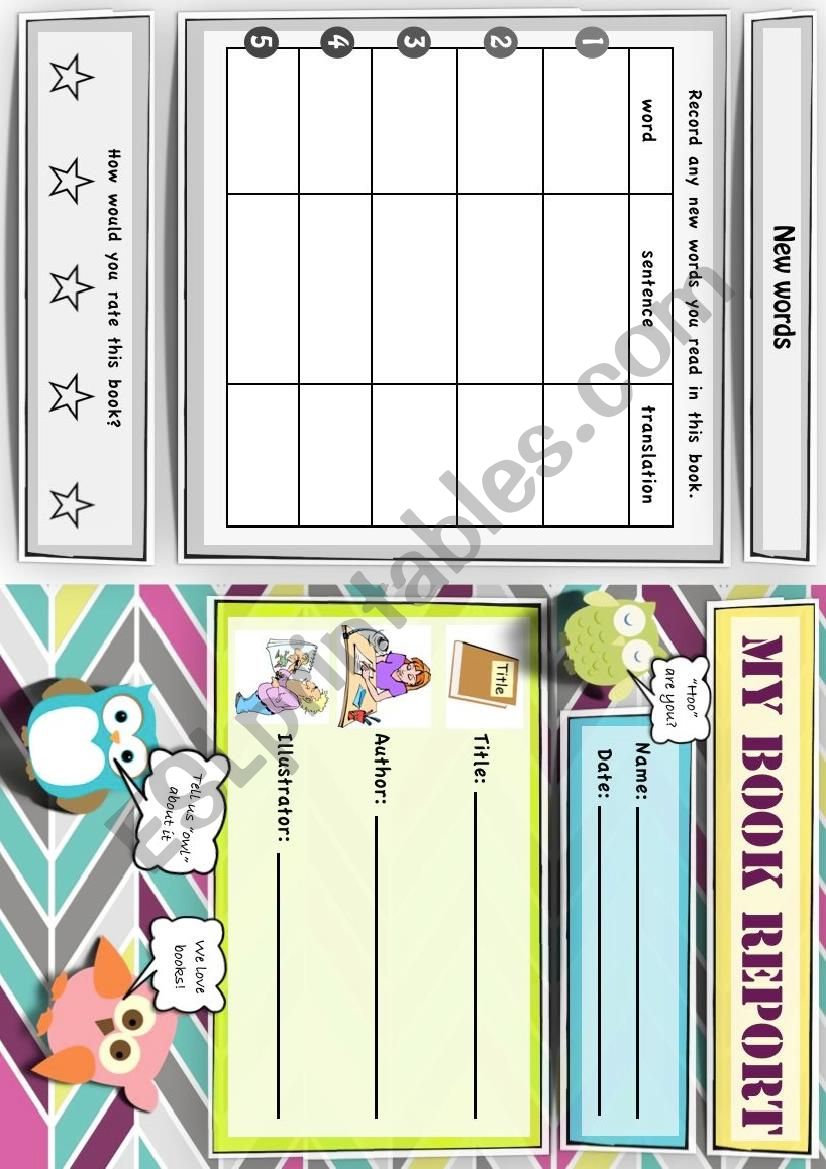 Cute owls book report booklet worksheet