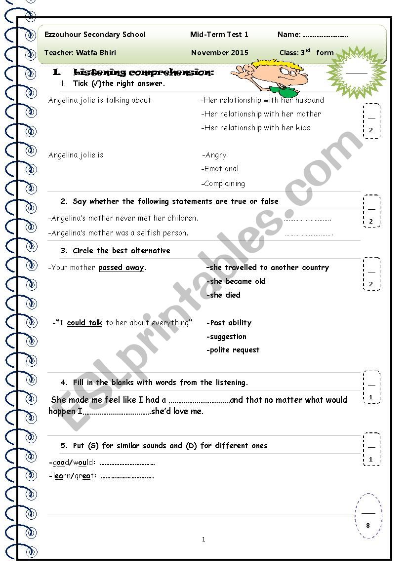 mid-term test n1   3rd form worksheet