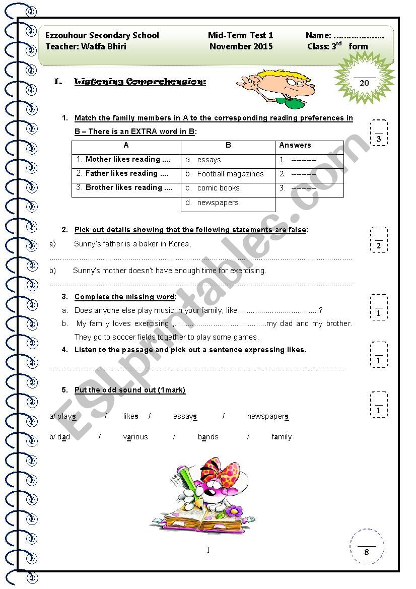 mid-term test n1   3rd form worksheet