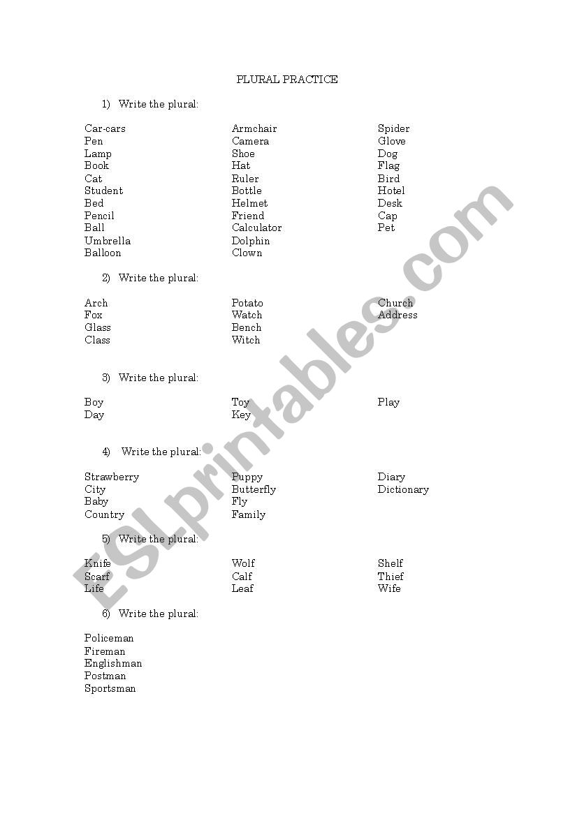 PLURAL OF NOUNS worksheet